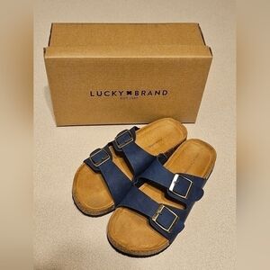 Boy's Lucky Brand Navy Blue Slide-On Leather & Cork Buckle Strap Sandals